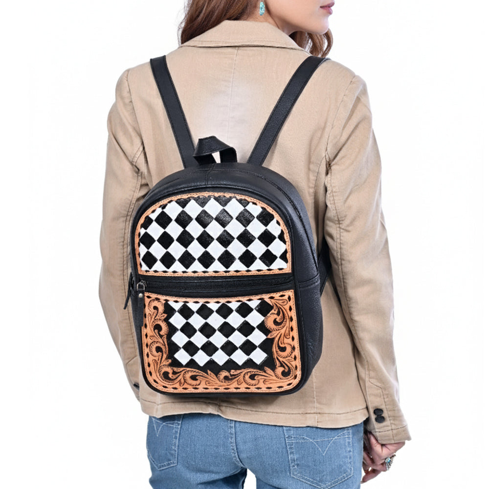 OHLAY Leather Backpack Hand-Tooled Floral Trim Black &amp; White Checkered Panel