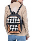 OHLAY Leather Backpack Hand-Tooled Floral Trim Black & White Checkered Panel