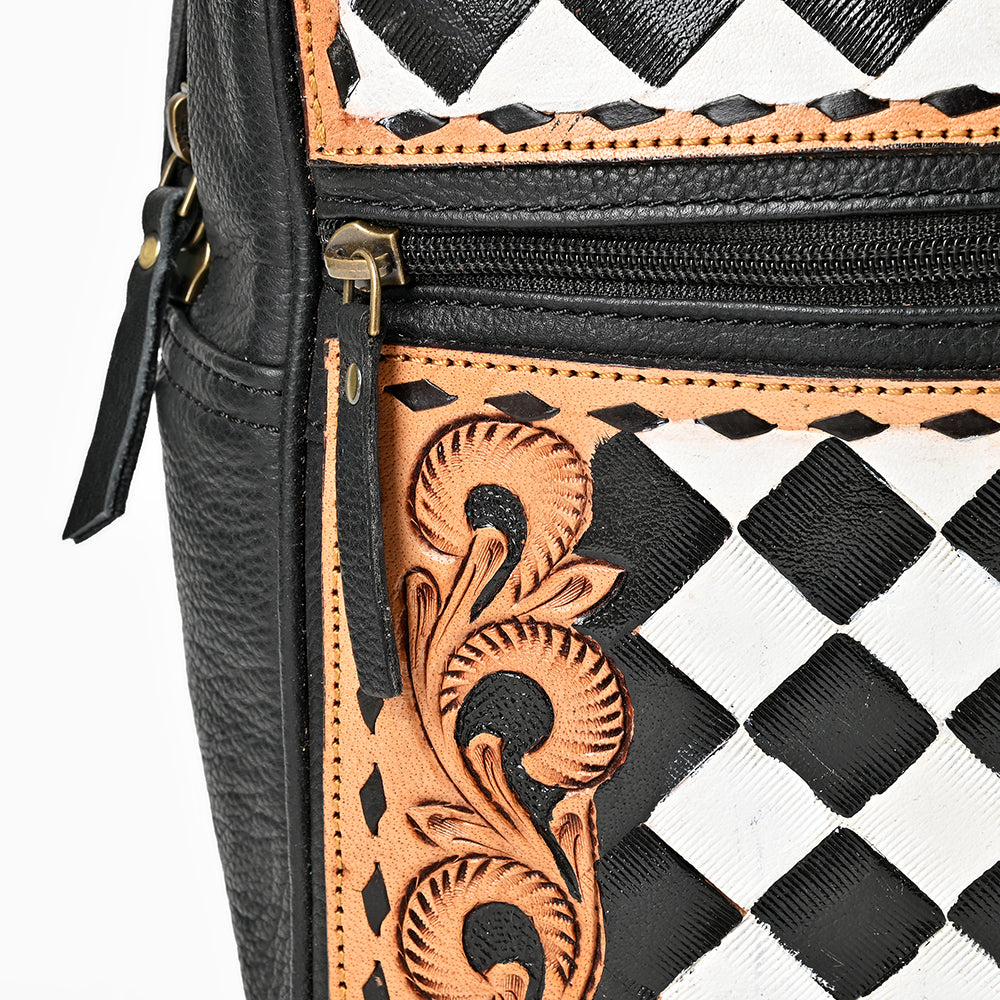 OHLAY Leather Backpack Hand-Tooled Floral Trim Black &amp; White Checkered Panel