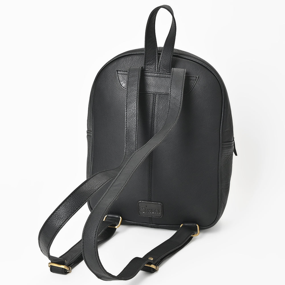 OHLAY Leather Backpack Hand-Tooled Floral Trim Black &amp; White Checkered Panel