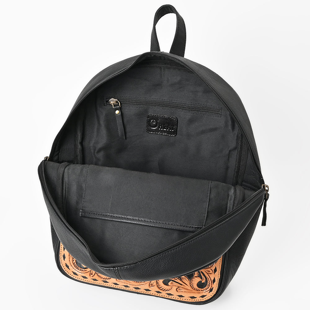OHLAY Leather Backpack Hand-Tooled Floral Trim Black &amp; White Checkered Panel