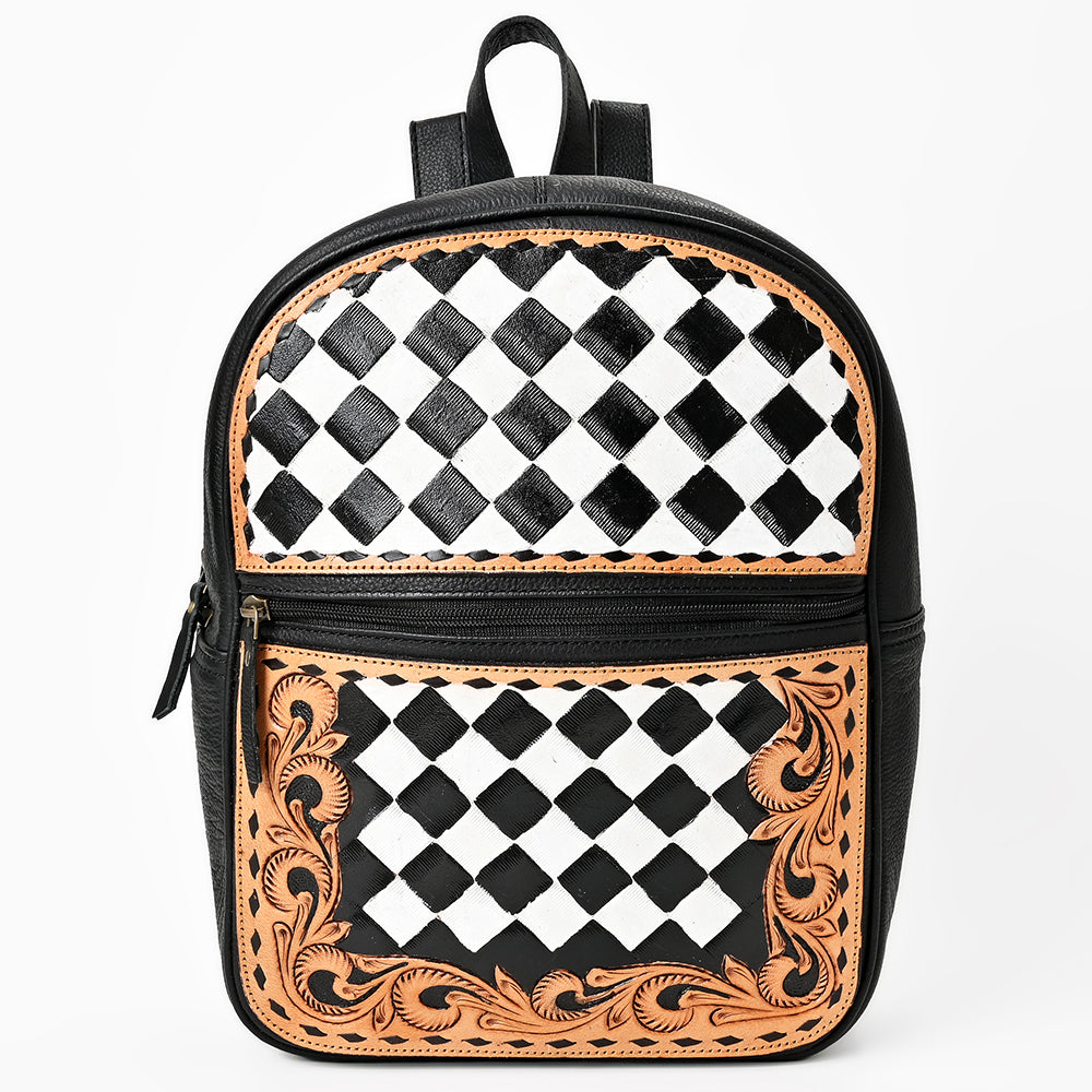 OHLAY Leather Backpack Hand-Tooled Floral Trim Black &amp; White Checkered Panel