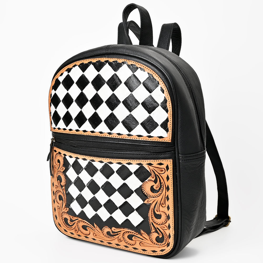 OHLAY Leather Backpack Hand-Tooled Floral Trim Black &amp; White Checkered Panel