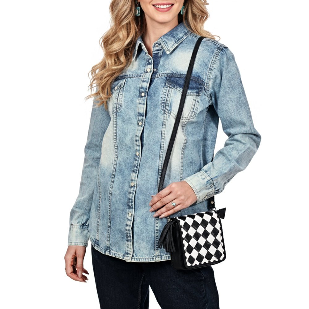 OHLAY Mini Checkered Leather Crossbody Bag Black &amp; White Graphic Fringe Accent