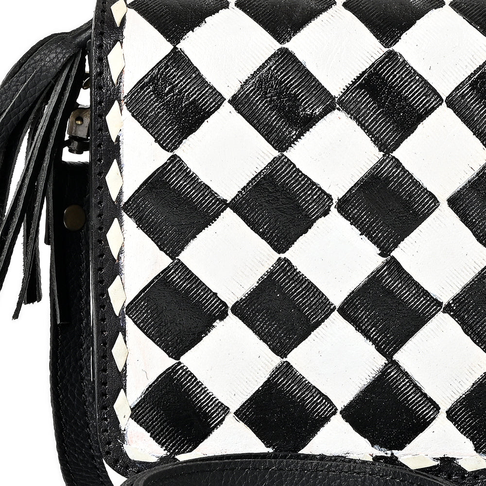OHLAY Mini Checkered Leather Crossbody Bag Black &amp; White Graphic Fringe Accent