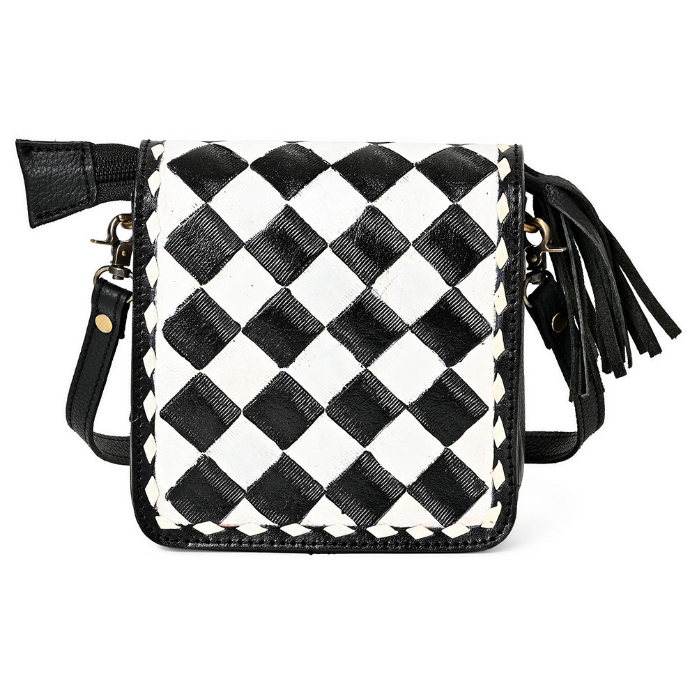 OHLAY Mini Checkered Leather Crossbody Bag Black &amp; White Graphic Fringe Accent