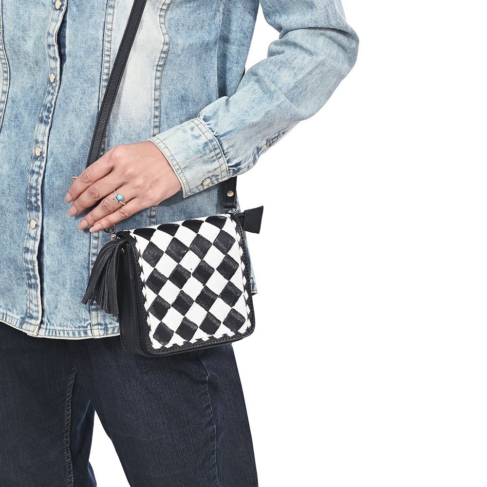 OHLAY Mini Checkered Leather Crossbody Bag Black &amp; White Graphic Fringe Accent