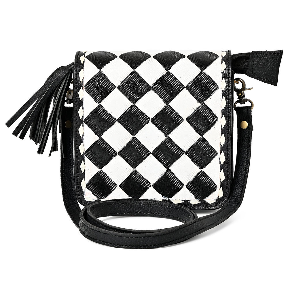 OHLAY Mini Checkered Leather Crossbody Bag Black &amp; White Graphic Fringe Accent