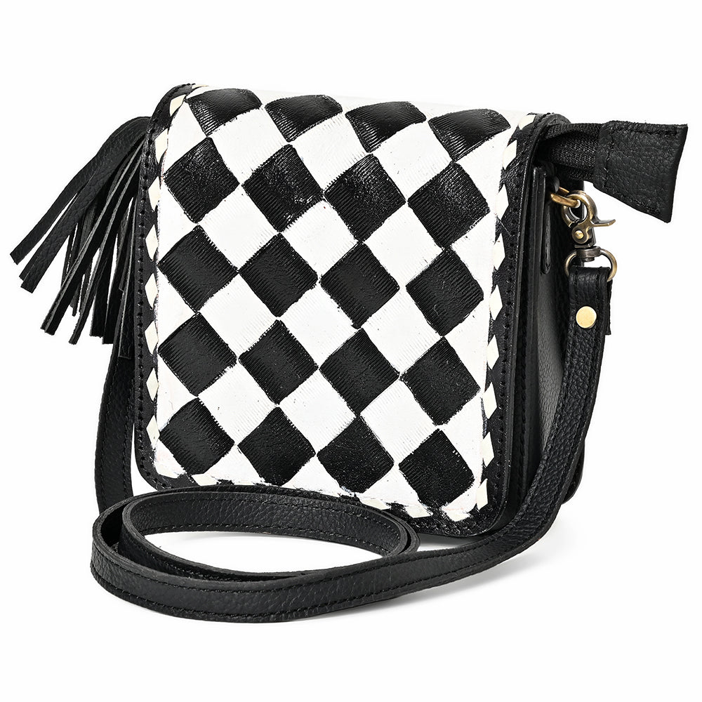 OHLAY Mini Checkered Leather Crossbody Bag Black &amp; White Graphic Fringe Accent