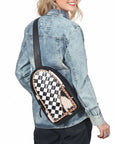 OHLAY Cowhide Sling Bag Black White Checkered Panel Top Grain Leather Backpack