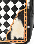 OHLAY Cowhide Sling Bag Black White Checkered Panel Top Grain Leather Backpack
