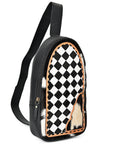 OHLAY Cowhide Sling Bag Black White Checkered Panel Top Grain Leather Backpack
