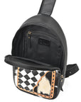 OHLAY Cowhide Sling Bag Black White Checkered Panel Top Grain Leather Backpack