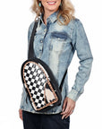 OHLAY Cowhide Sling Bag Black White Checkered Panel Top Grain Leather Backpack