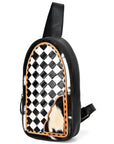 OHLAY Cowhide Sling Bag Black White Checkered Panel Top Grain Leather Backpack