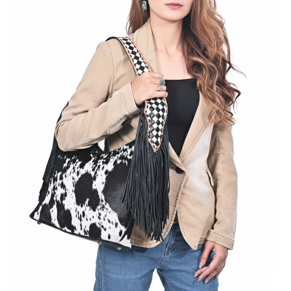 American Darling Cowhide &amp; Leather Fringe Hobo Bag Black/White Spotted Woven