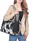 American Darling Cowhide & Leather Fringe Hobo Bag Black/White Spotted Woven