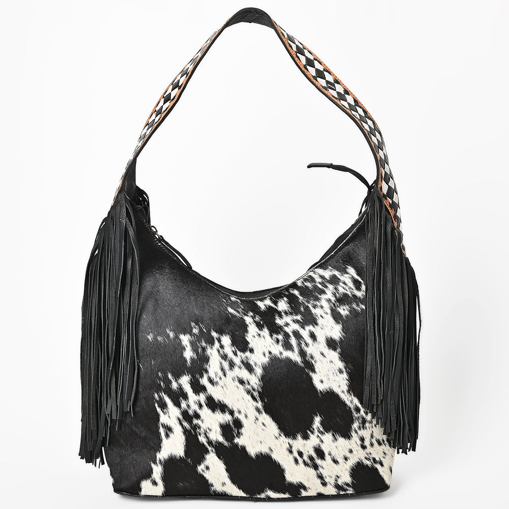 American Darling Cowhide &amp; Leather Fringe Hobo Bag Black/White Spotted Woven