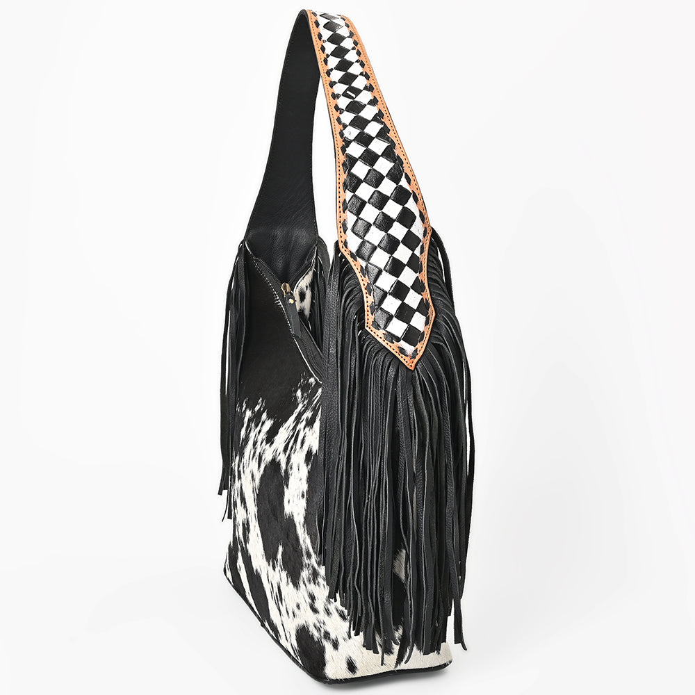 American Darling Cowhide &amp; Leather Fringe Hobo Bag Black/White Spotted Woven