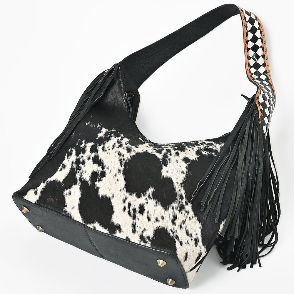 American Darling Cowhide &amp; Leather Fringe Hobo Bag Black/White Spotted Woven