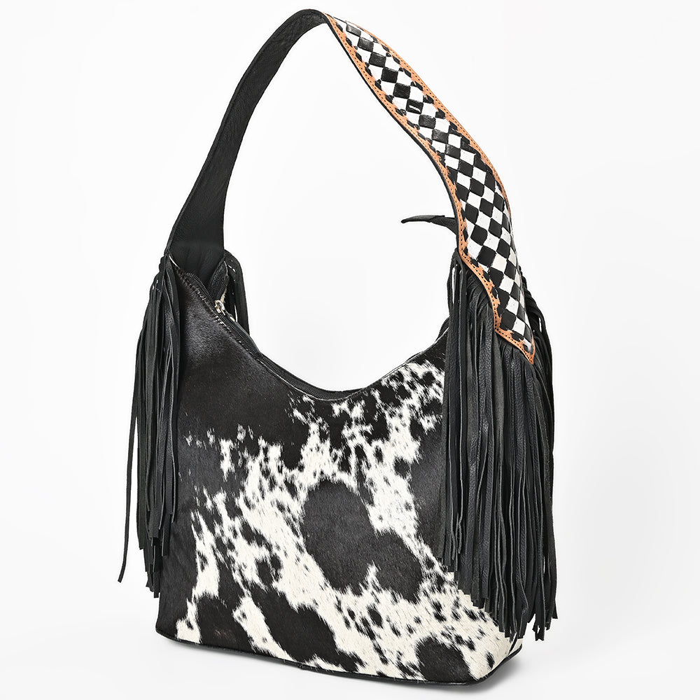 American Darling Cowhide &amp; Leather Fringe Hobo Bag Black/White Spotted Woven