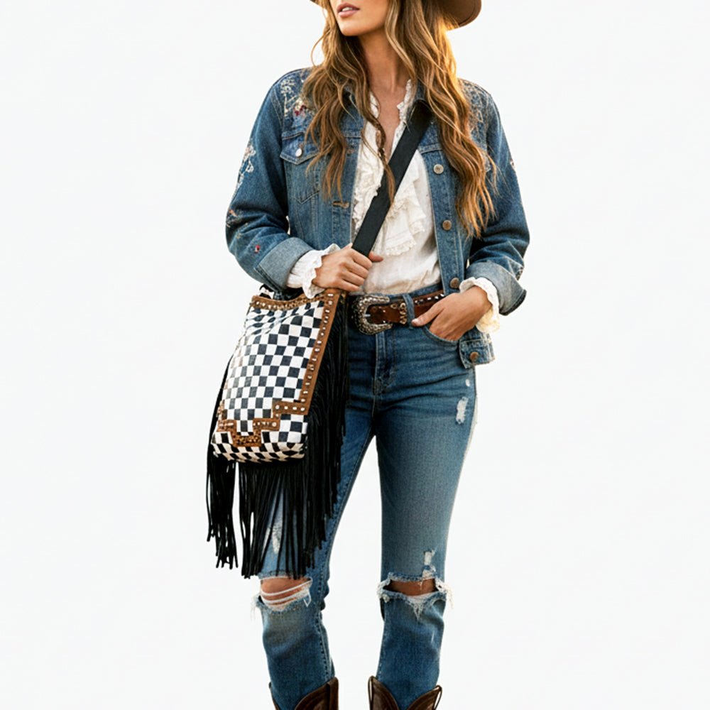 American Darling Checkered Western Crossbody Bag Black &amp; White Tan Leather Trim