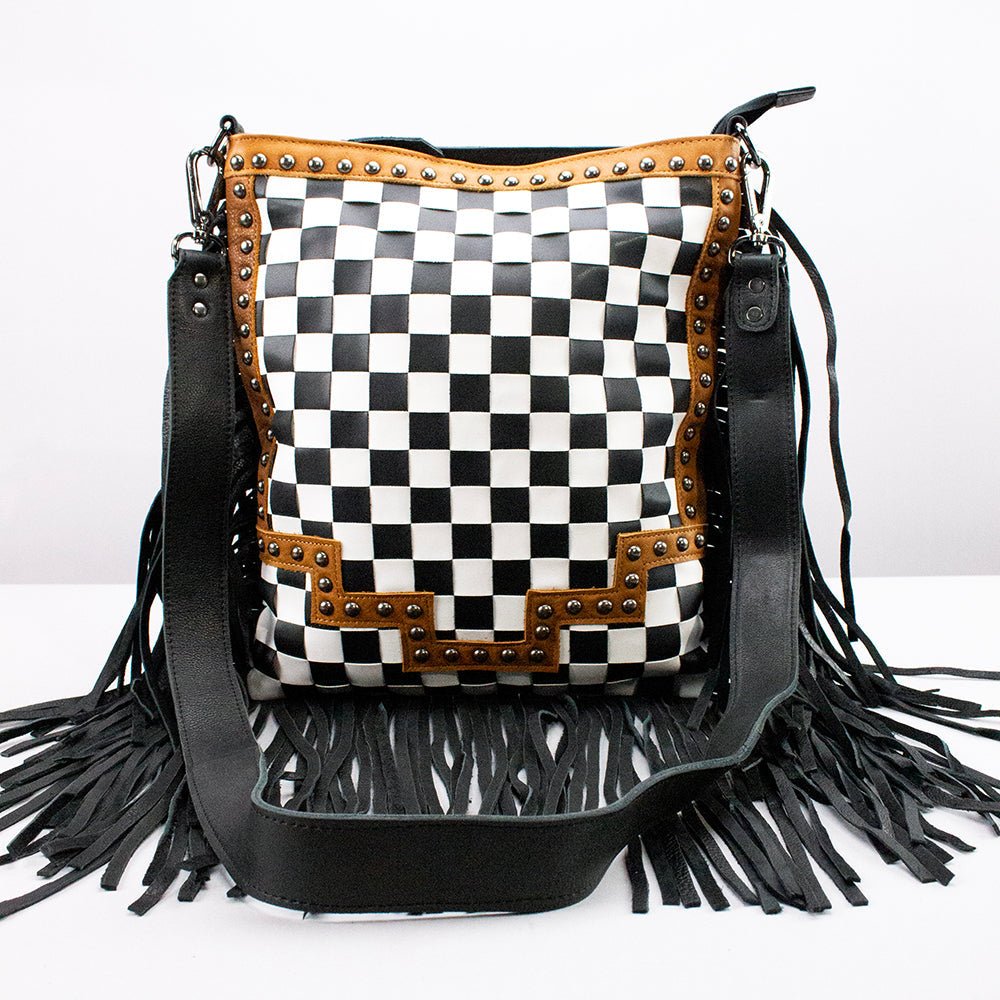 American Darling Checkered Western Crossbody Bag Black &amp; White Tan Leather Trim