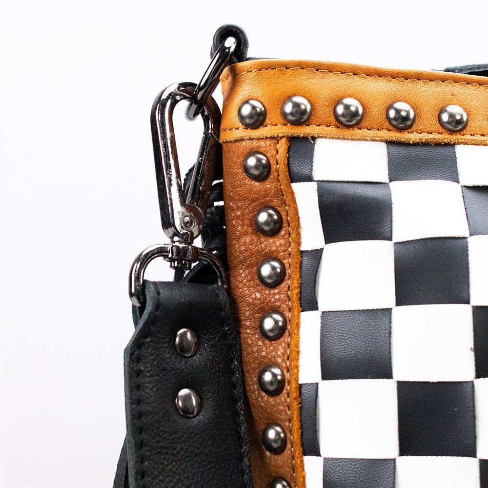 American Darling Checkered Western Crossbody Bag Black &amp; White Tan Leather Trim