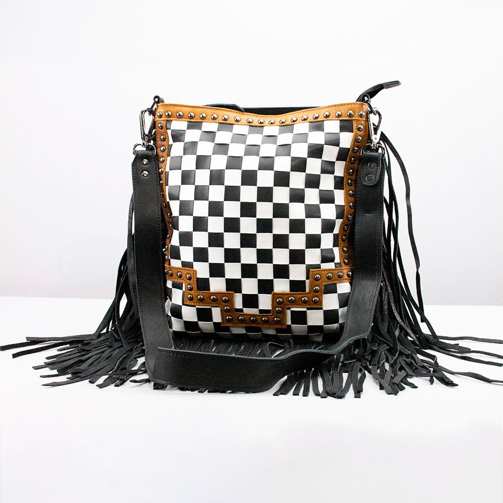 American Darling Checkered Western Crossbody Bag Black &amp; White Tan Leather Trim