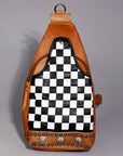 Chestnut Sling Bag With Black White Checkered Panel For Everyday Crossbody Styling