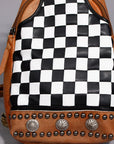 Chestnut Sling Bag With Black White Checkered Panel For Everyday Crossbody Styling