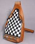 Chestnut Sling Bag With Black White Checkered Panel For Everyday Crossbody Styling