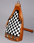 Chestnut Sling Bag With Black White Checkered Panel For Everyday Crossbody Styling