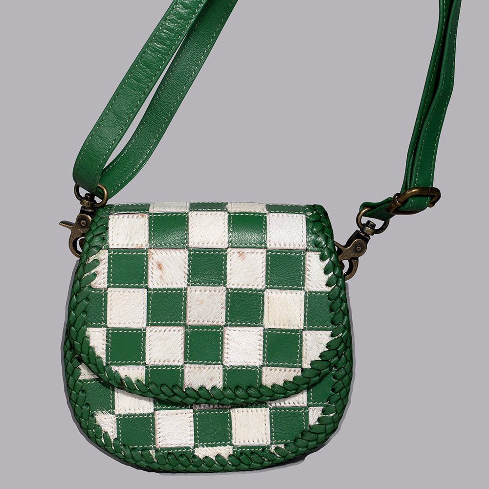 Checkered Flap Mini Crossbody Bag With Braided Leather Trim