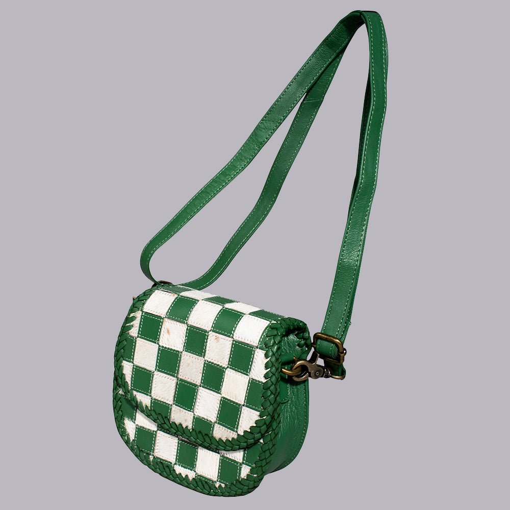 Checkered Flap Mini Crossbody Bag With Braided Leather Trim