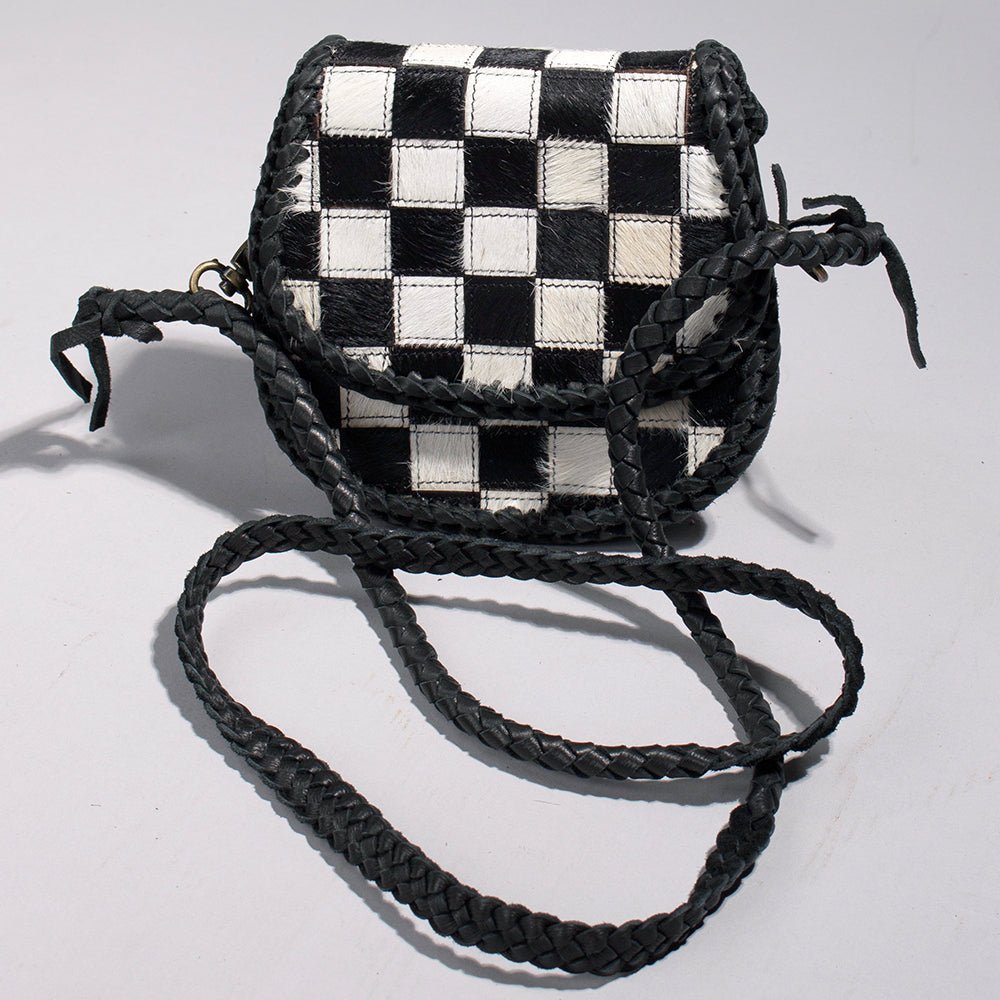Checkered Flap Mini Crossbody Bag With Braided Leather Trim