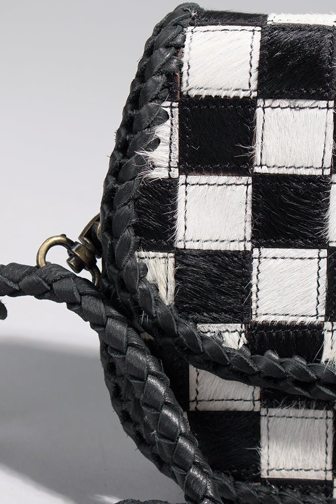 Checkered Flap Mini Crossbody Bag With Braided Leather Trim
