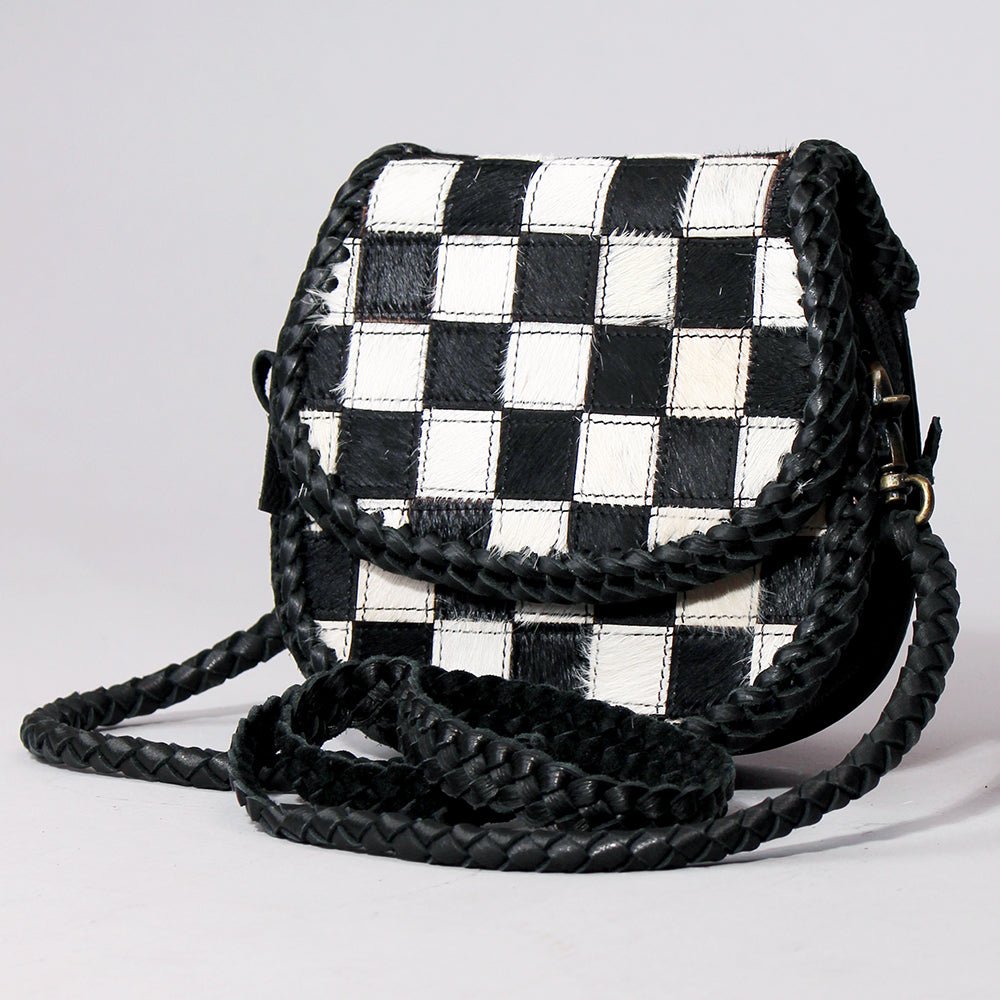 Checkered Flap Mini Crossbody Bag With Braided Leather Trim