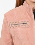 American Darling Women’s Suede Jacket Blazer Zip Front Studded Embellished Casual Western Style Coat