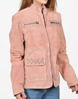 American Darling Women’s Suede Jacket Blazer Zip Front Studded Embellished Casual Western Style Coat