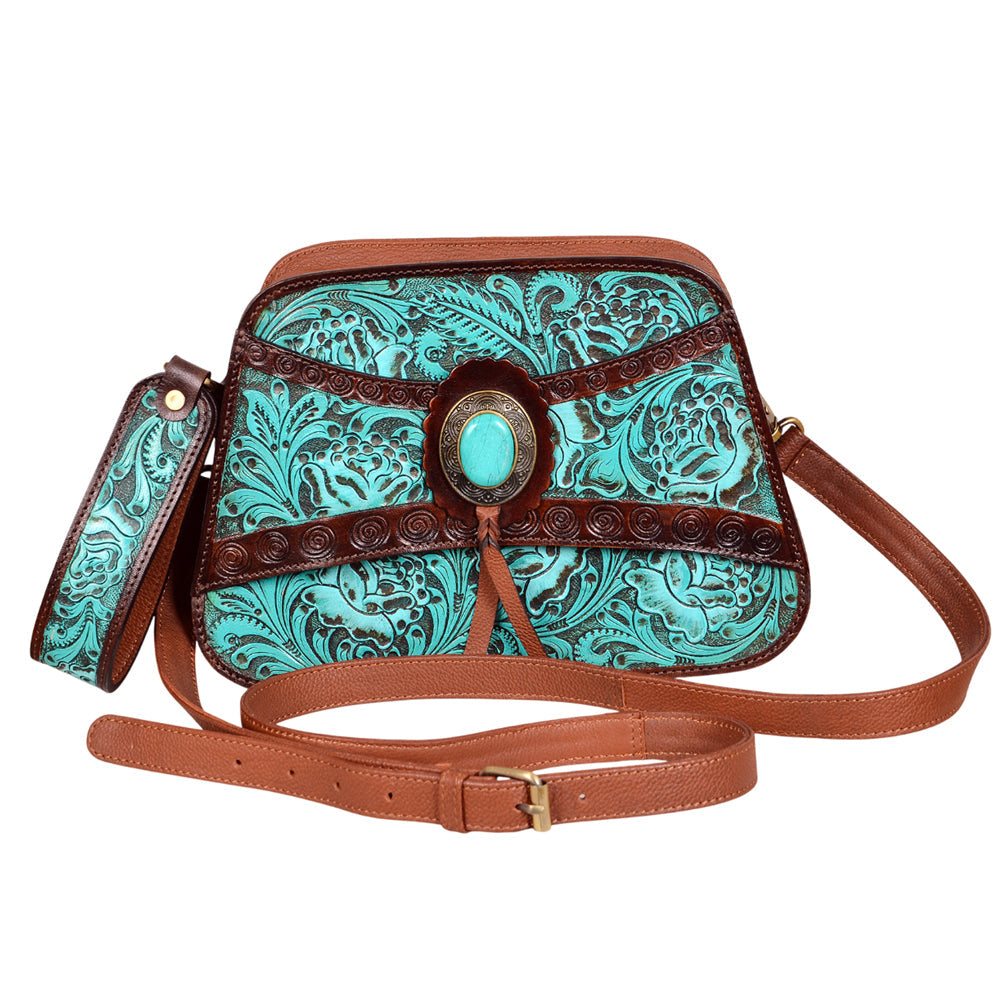 American Darling Western Turquoise Floral Tooled Leather Wristlet &amp; Crossbody Bag with Concho
