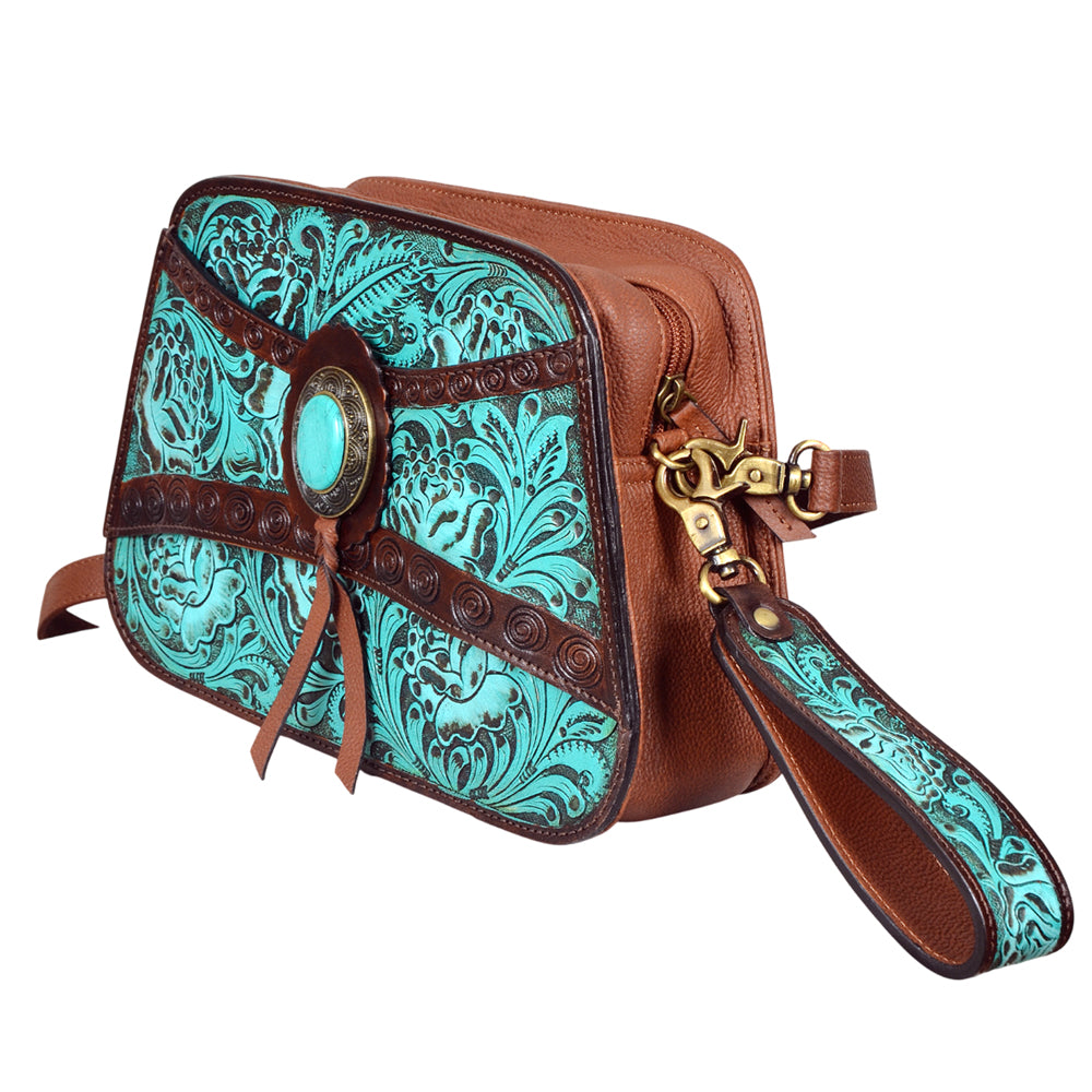 American Darling Western Turquoise Floral Tooled Leather Wristlet &amp; Crossbody Bag with Concho