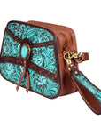 American Darling Western Turquoise Floral Tooled Leather Wristlet & Crossbody Bag with Concho