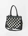 American Darling Black & Silver Checkered Leather Tote Bag with Studded Detail
