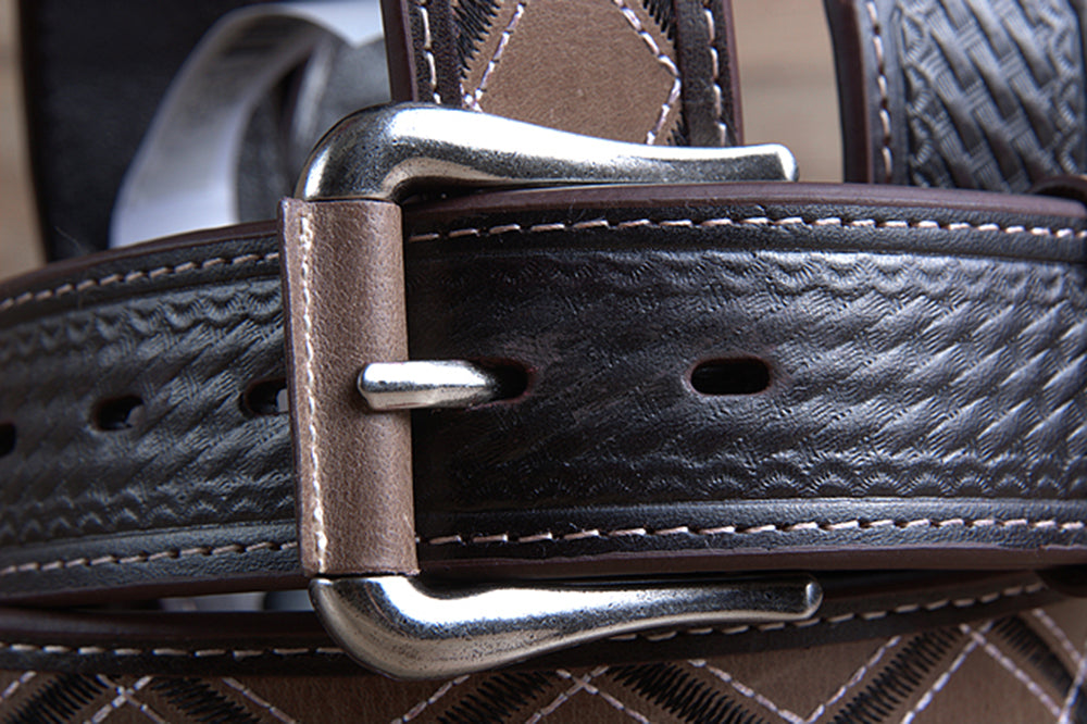 M&amp;F Western Men's Black &amp; Tan Argyle Pattern Belt Stitching &amp; Silver Buckle