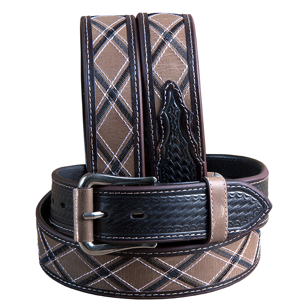 M&amp;F Western Men's Black &amp; Tan Argyle Pattern Belt Stitching &amp; Silver Buckle