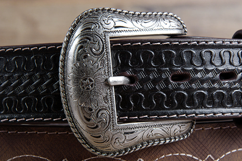 3D BELTS Brown Western Leather Belt with Woven Inlay &amp; Antique Silver Buckle