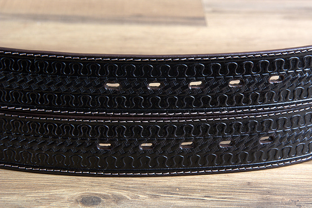 3D BELTS Brown Western Leather Belt with Woven Inlay &amp; Antique Silver Buckle