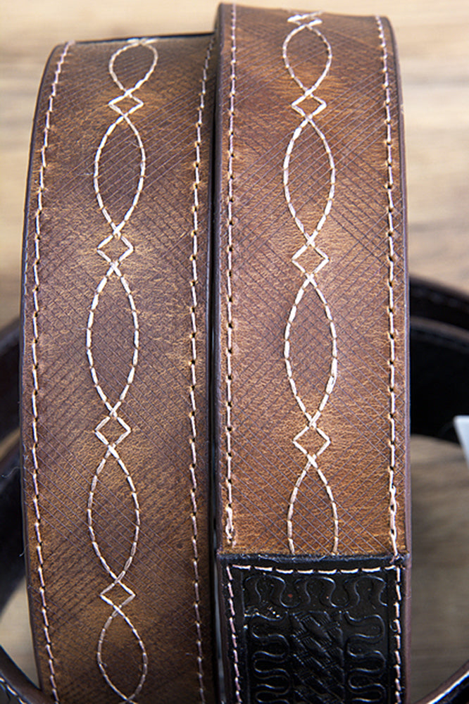 3D BELTS Brown Western Leather Belt with Woven Inlay &amp; Antique Silver Buckle
