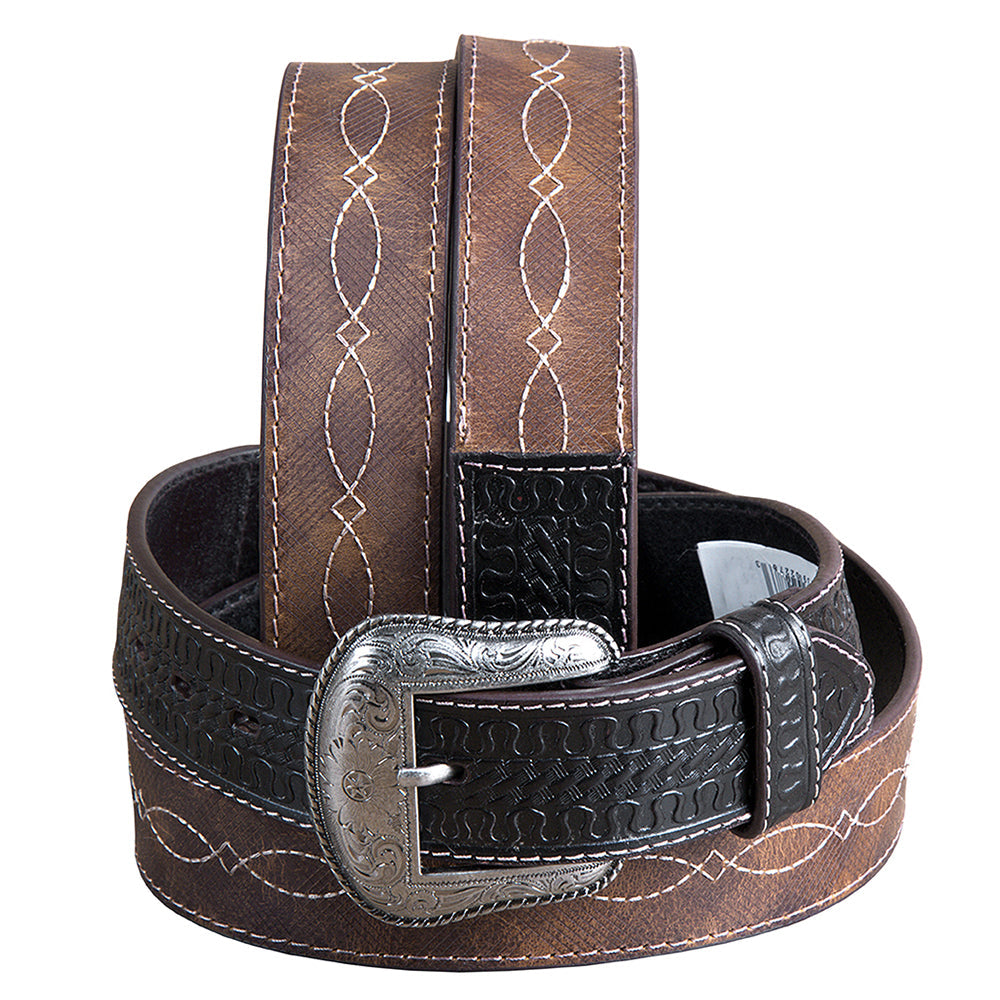 3D BELTS Brown Western Leather Belt with Woven Inlay &amp; Antique Silver Buckle